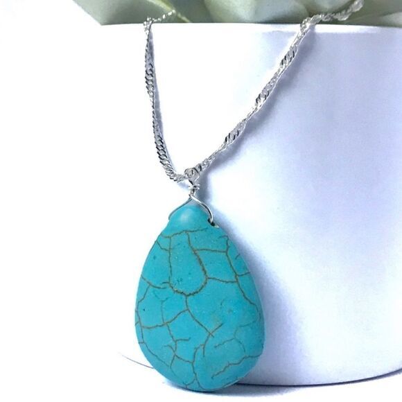 Simulated Turquoise Stone Long Necklace‎ - Picture 1 of 4
